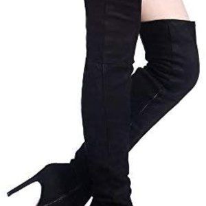 Black Suede Stiletto Over the Knee Boots - Size 8